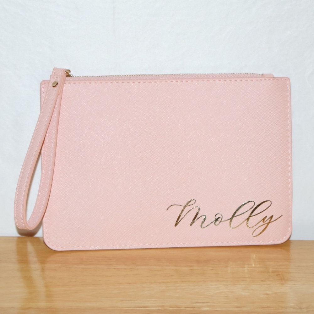 Pink Personalized Vegan Leather Wristlet Purse/Pouch With "Molly" Script.